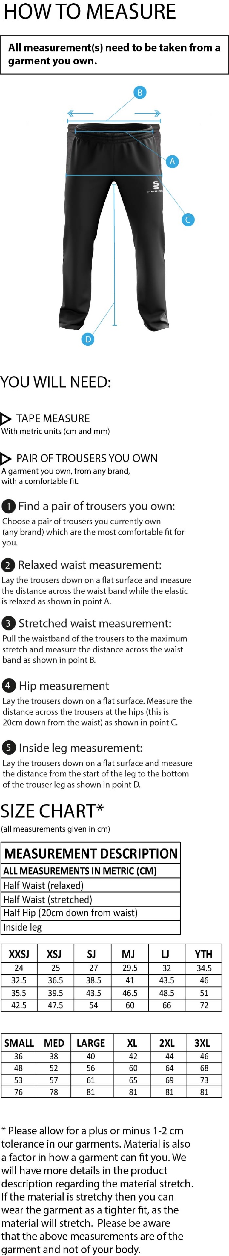 Leicestershire CCC Senior POPLIN TRACK PANT WITH LYCRA - Size Guide