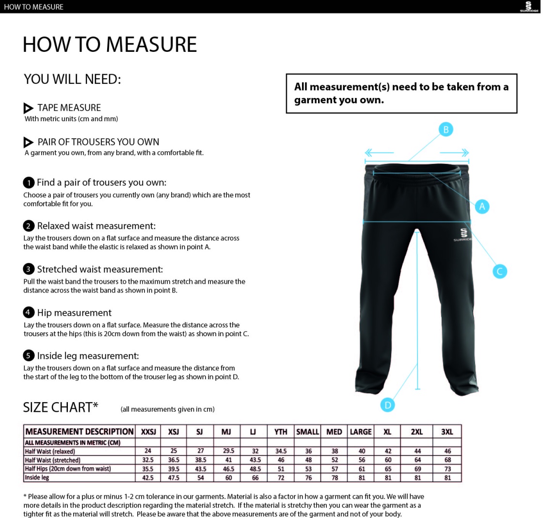 Leicestershire CCC Senior POPLIN TRACK PANT WITH LYCRA - Size Guide